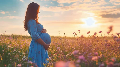 Pregnant Woman in Meadow at Sunset