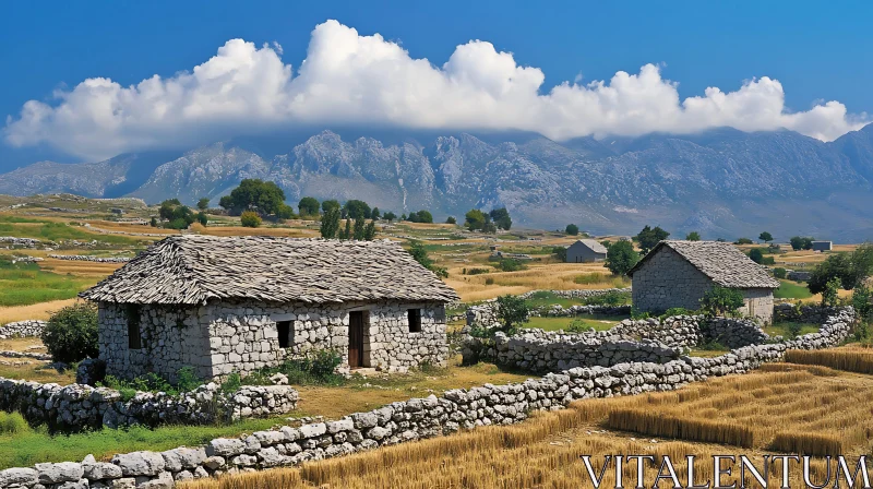 AI ART Rustic Stone Buildings with Mountain View