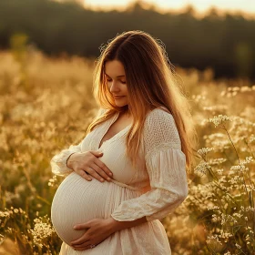 Pregnant Woman in Field at Sunset