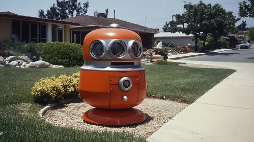 Retro Robot Sculpture in Suburban Garden