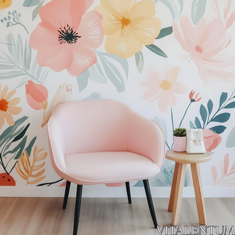 AI ART Charming Interior with Pink Chair and Flowers