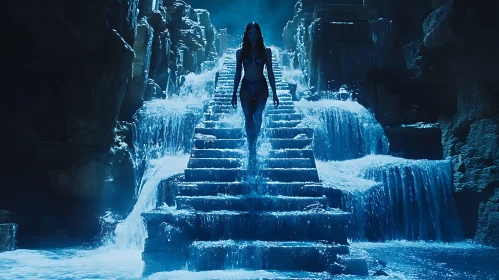 Blue Cascade: Woman on Stone Steps