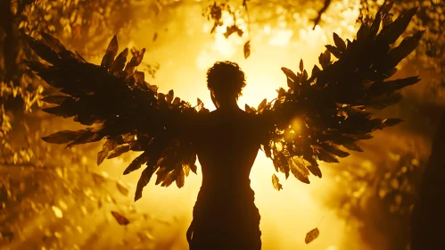 Figure with Leafy Wings in Golden Light