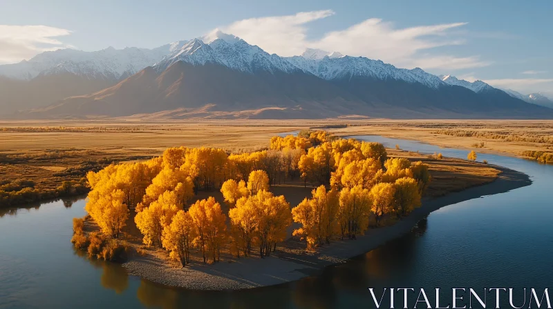 Golden Autumn Trees by a Serene River with Snow-Capped Mountain Background AI Image