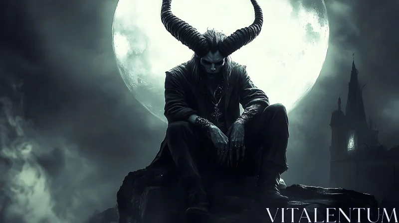 Horned Demon Contemplates Under the Moon AI Image