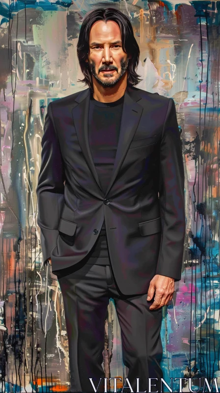 Keanu Reeves Painted Portrait in Black Suit AI Image