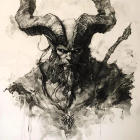 Monochrome Demon Portrait with Horns