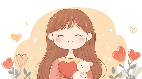 Cute Girl Holding Teddy Bear Illustration