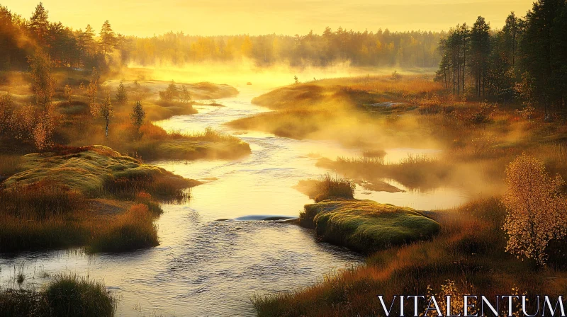 AI ART Tranquil River and Golden Morning Mist Landscape