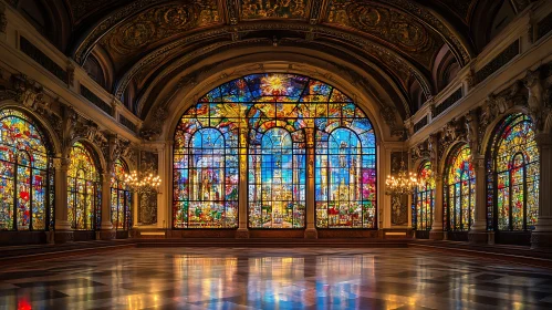 Architectural Hall with Colorful Glass Windows