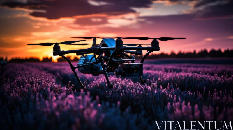 Agriculture Drone Over Lavender Field at Sunset AI Image