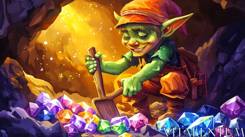 AI ART Cartoon Goblin Mining Precious Gems