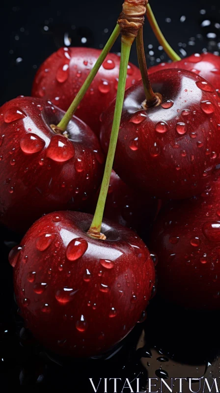 Cherry Droplets Macro Photography - Black Background AI Image