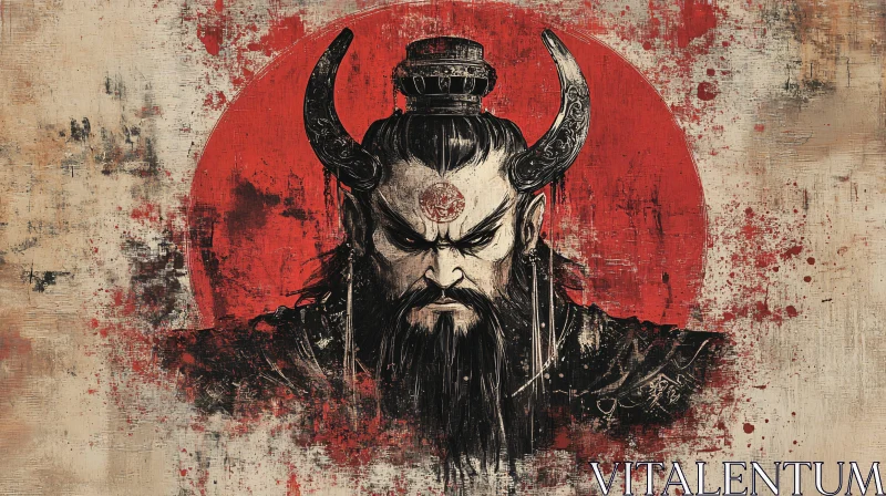 AI ART Intense Warrior with Horns and Red Sun