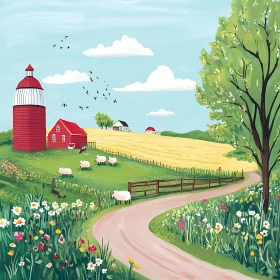 Rural Farm Scene with Sheep and Barn