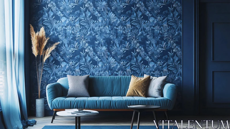 Elegant Blue Interior with Floral Wallpaper AI Image