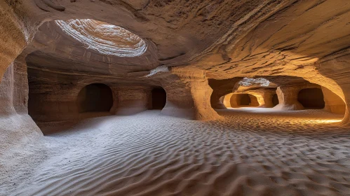 Enigmatic Cave with Sand and Archways