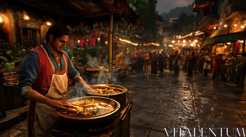 Man Cooking Food at Night Market AI Image