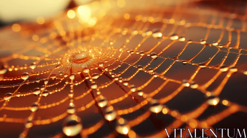 AI ART Sunlit Spider Web with Water Drops - Bronze Tones and Technological Wonders