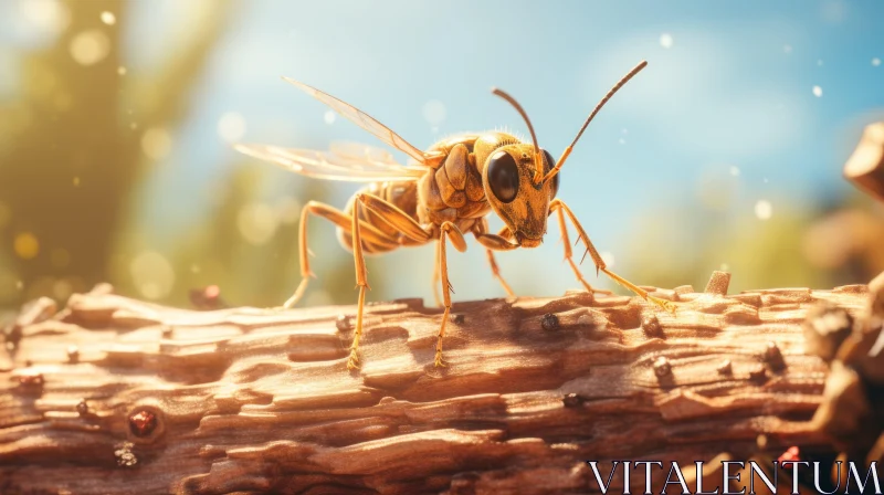 Sunlit Wasp Nestled in Forest Tree: A Close-up Illustration AI Image