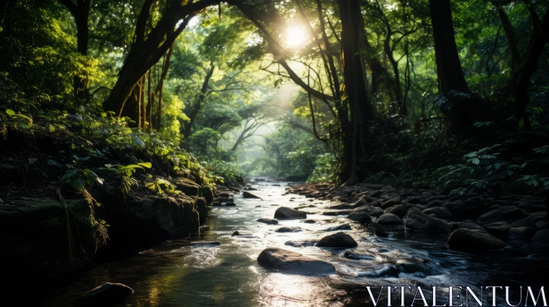Sunrise Over Tropical Forest River - A Transcendentalist View AI Image