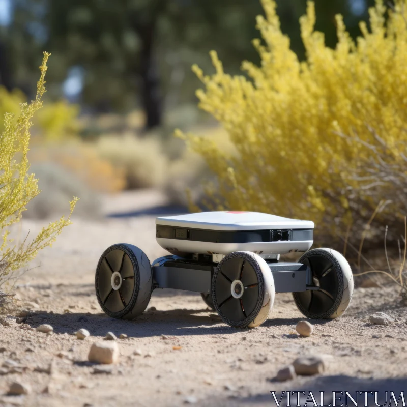 White Robot Navigating Desert Terrains: An Interactive Experience AI Image
