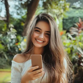 Joyful Woman with Smartphone in Nature