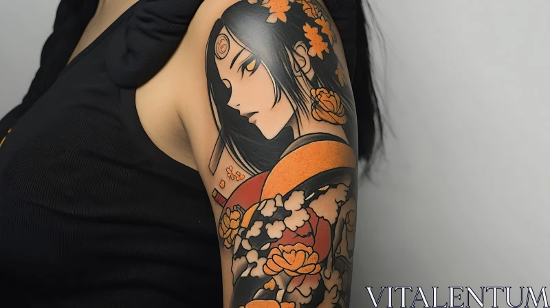 Vibrant Floral Arm Tattoo with Female Character AI Image