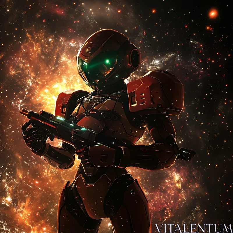 Futuristic Cyborg with Advanced Weaponry in Space AI Image