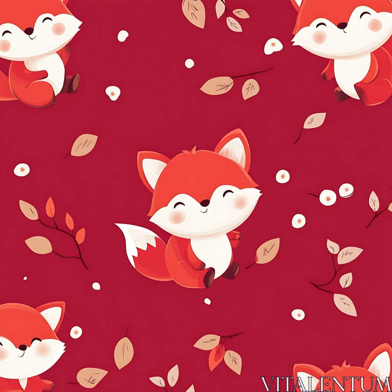 Whimsical Fox Pattern on Red Backdrop AI Image