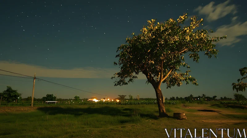 Night Sky and Lone Tree AI Image