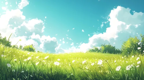 Peaceful Field of Flowers under Blue Sky