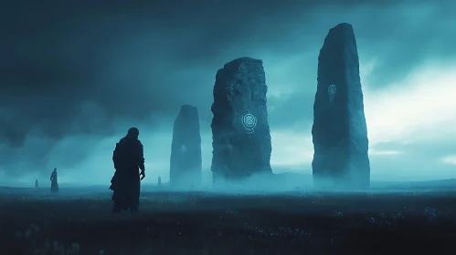 Ancient Stones in Misty Landscape