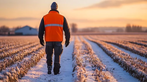 Man Walking Through Snowy Field