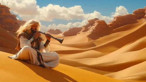 Man Playing Flute in Desert Landscape