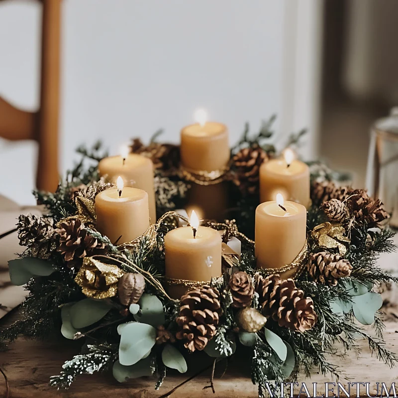 Holiday Candle Wreath with Pine Cones AI Image