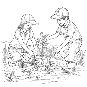 Kids Gardening Black and White Illustration