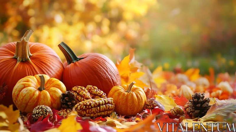 Pumpkins and Autumn Leaves Still Life AI Image