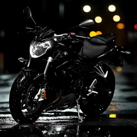 Night Scene of a Motorcycle on Wet Road