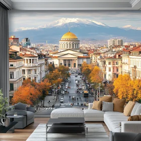 Urban Autumn Scene with Distant Mountains