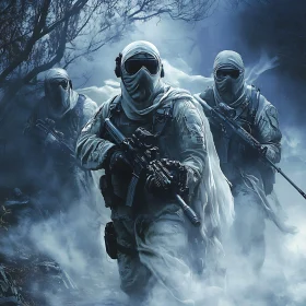 Camouflaged Warriors in Dense Fog