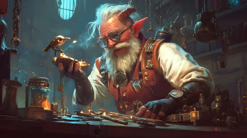 Steampunk Elf and Mechanical Bird Art