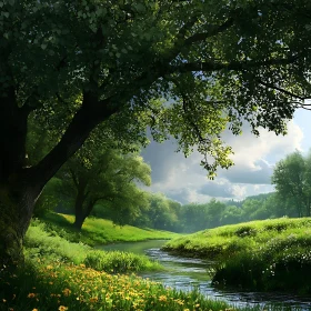 Green Meadow Landscape With Serene River