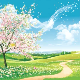 Spring Meadow with Blossoming Tree