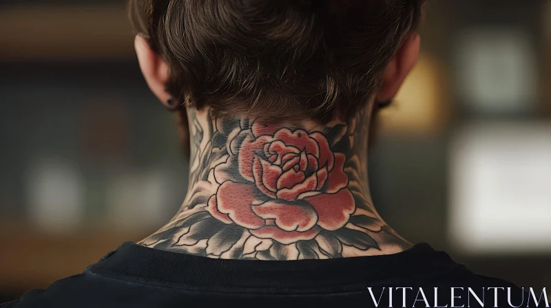 Floral Neck Tattoo with Red Rose and Black Leaves AI Image