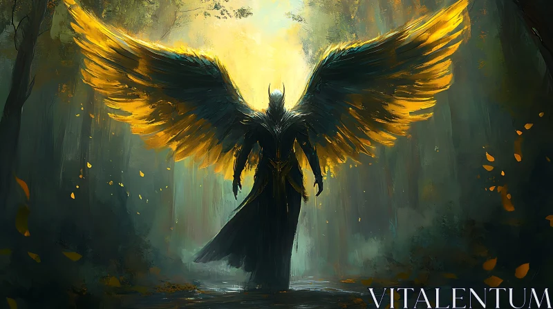 Winged Figure in Dark Forest AI Image