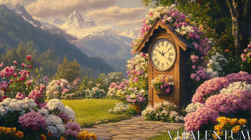 Garden Clock with Mountain View AI Image