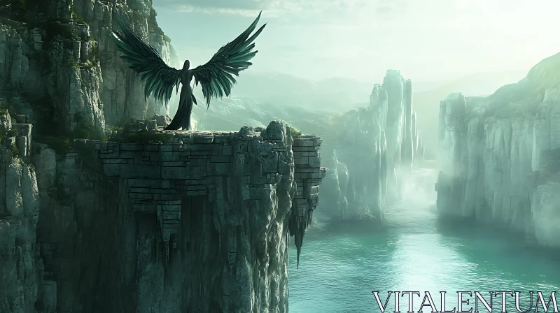 AI ART Winged Guardian Overlooking Misty Waters