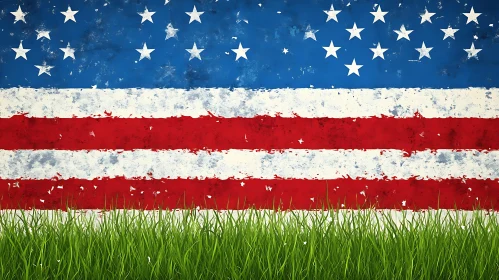 Distressed US Flag over Green Field