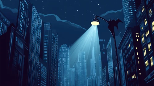 Night Cityscape with Bat-Shaped Light